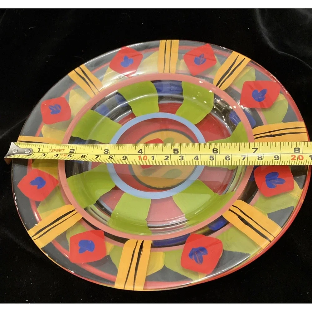 Clear Art Glass Hand Painted Vibrant Colorful Display or Dinner Plates Set of 2